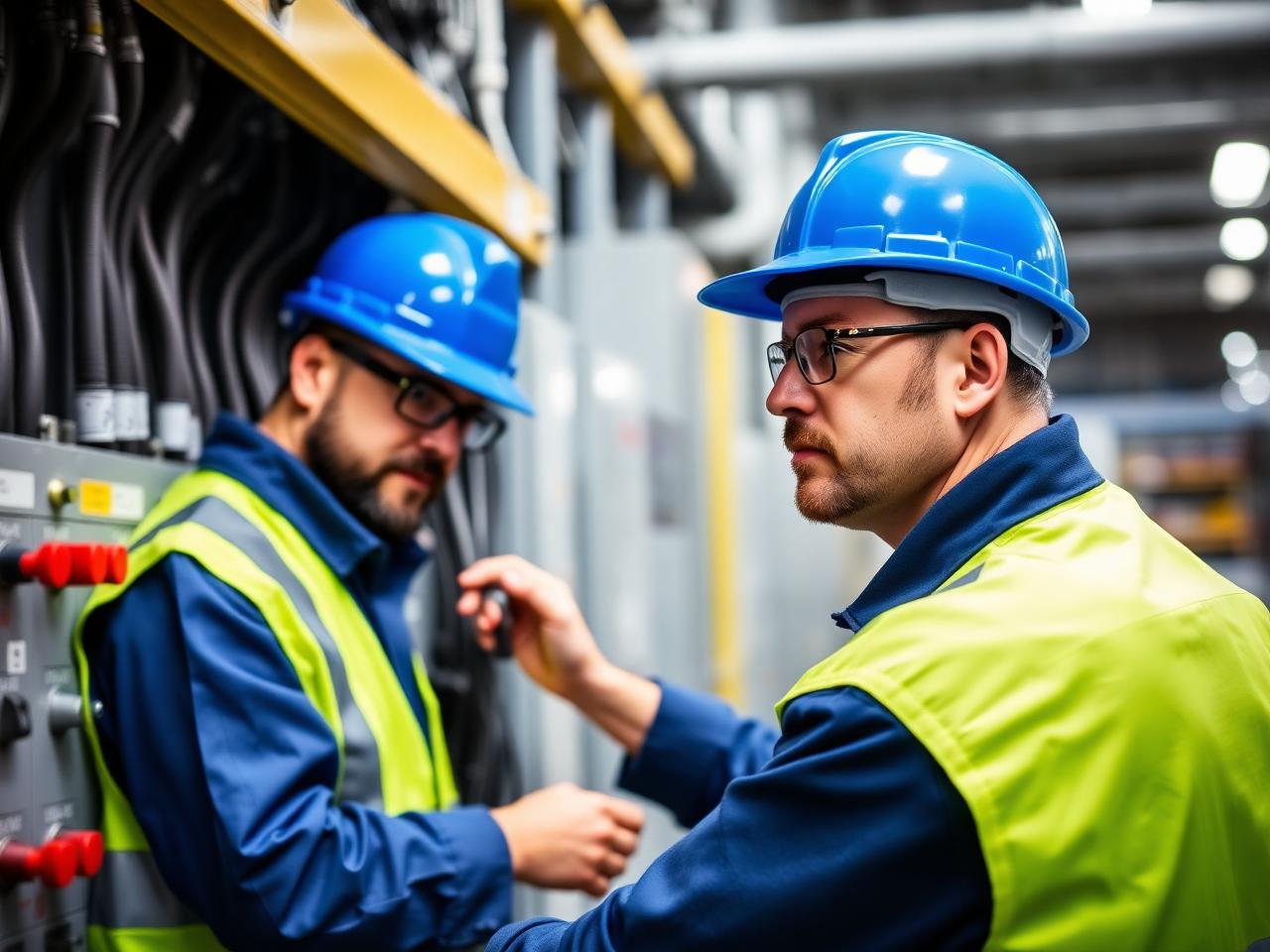 Engenheiros eletricistas trabalhando em quadro elétrico industrial