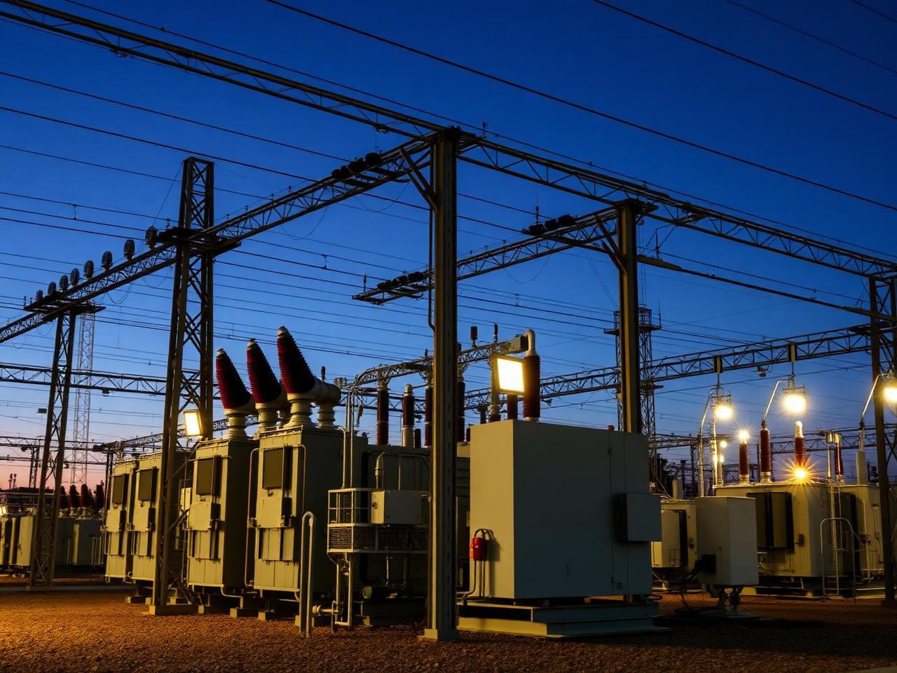 Subestação elétrica com transformadores de alta tensão ao entardecer